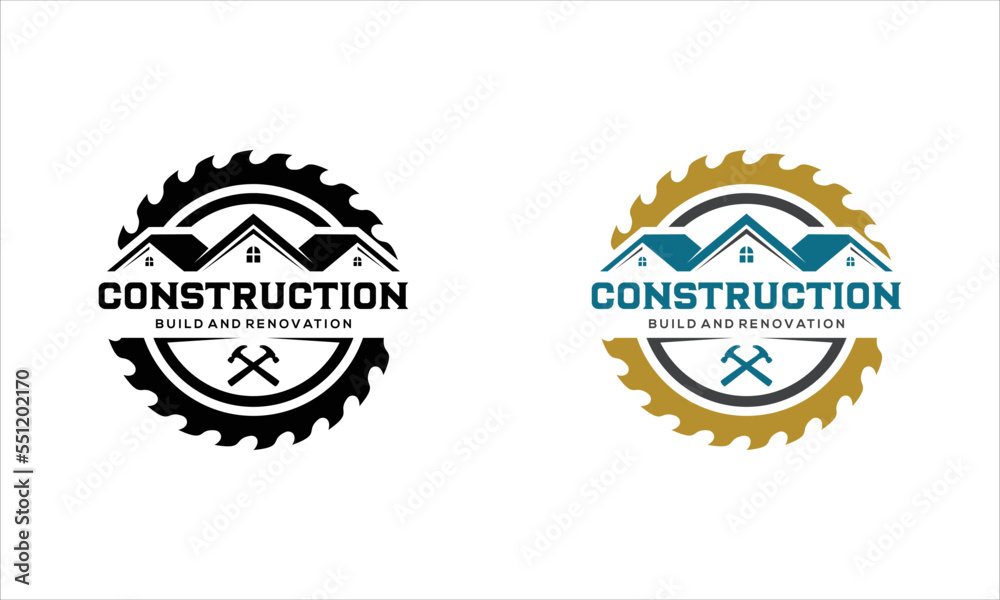 Carpentry logo vintage silhouette emblem, circular saw blade, renovating housing, building housing, wood cutting, circular wood texture