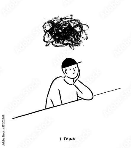 Man is thinking and sitting at the table. Cute pensive guy. Problem solving concept. Ink, pencil, brush. Line art, Hand drawn nature painting. Freehand sketch. Simple line drawing. Vector illustration