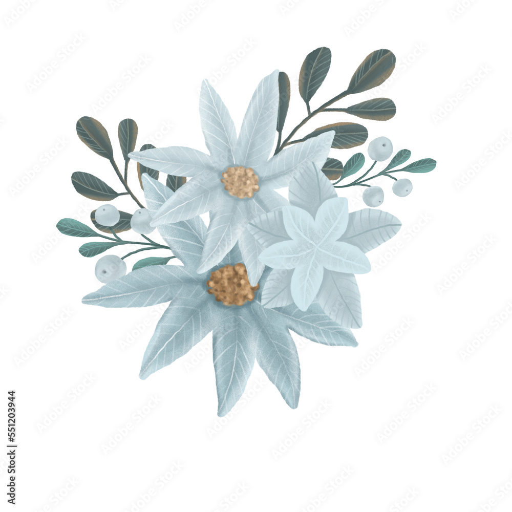 Pencil hand drawing cozy Christmas poinsettia bouquet illustration. Colorful children cartoon clipart on isolated background. Can be used for sticker, print, spainting for Christmas Sublimation.
