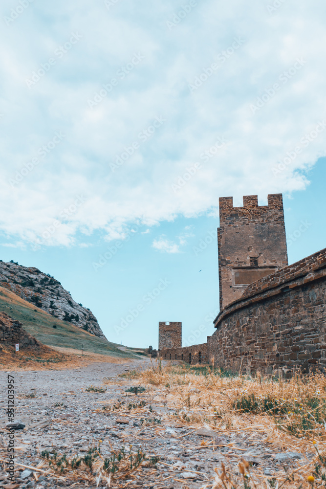 An old medieval wall and a mountain in the background. A large wall with a tower against a light blue sky.