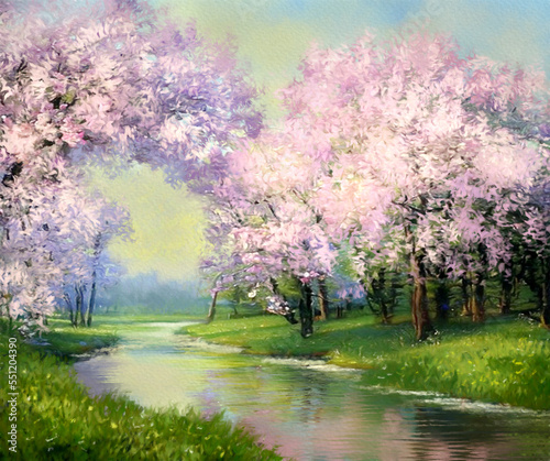 Watercolor paintings landscape, spring in the park