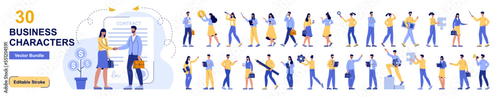 Set flat characters of business people in work process. Collection of with men and women taking part in business activities. Big bundle vector illustrations Set flat characters of business people in work process. Collection of with men and women taking part in business activities. Big bundle vector illustrations