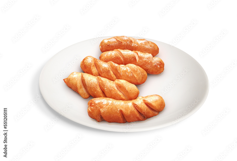 Fried sausages on white plate isolated on white background. Clipping path