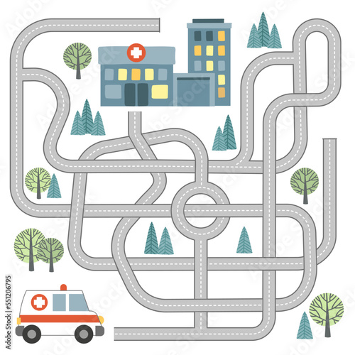 Maze game with vehicles and tangled road. Help the ambulance car to reach the hospital