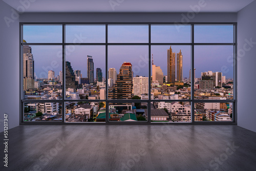 Empty room Interior Skyscrapers View Bangkok. Downtown City Skyline Buildings from High Rise Window. Beautiful Expensive Real Estate overlooking. Sunset. 3d rendering.