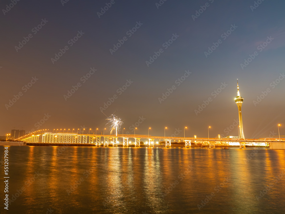 Night view of the fireworks over bridge