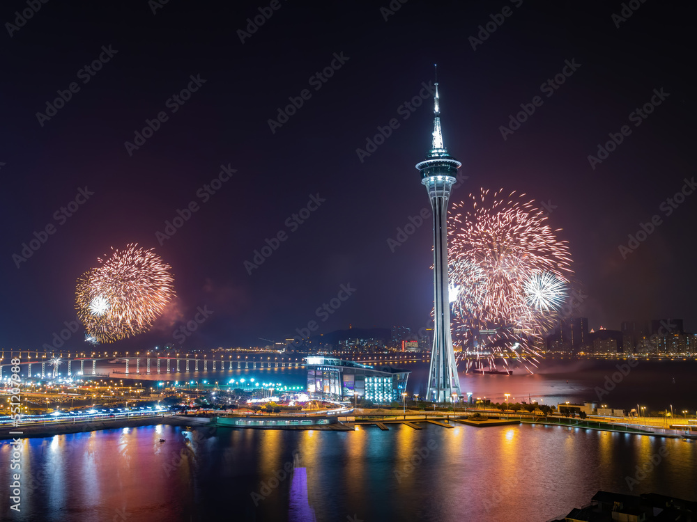 Night view of the fireworks over Macau Tower Convention and Entertainment Center Night view of the fireworks over Macau Tower Convention and Entertainment Center