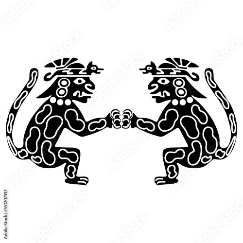 Symmetrical ethnic design with two fantastic jaguar men. Native American art of Mochica Indians from ancient Peru. Black and white silhouette. 