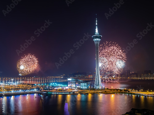 Sticker Night view of the fireworks over Macau Tower Convention and Entertainment Center