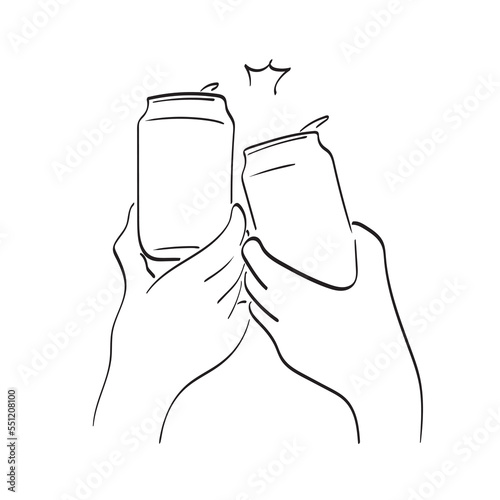 Two hands clinking beer cans illustration vector hand drawn isolated on white background line art.