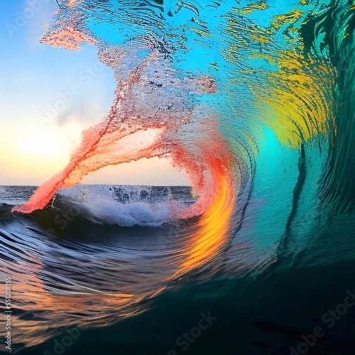 ocean wave breaking and falling down at sunset