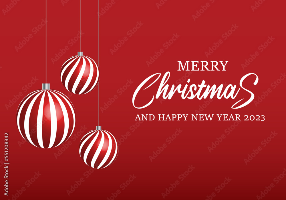 Naklejka premium Merry Christmas, Happy New Year with Christmas Ball on Red Background, Vector Illustration