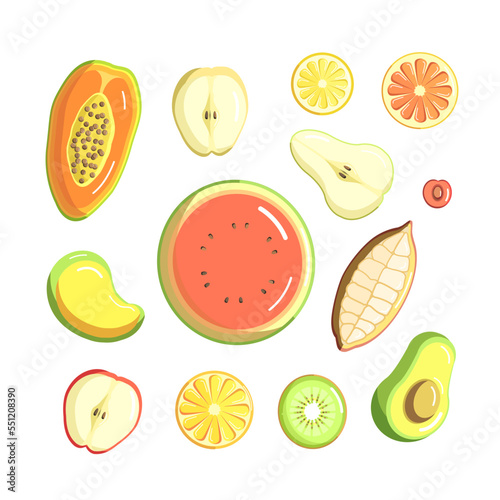 Fototapeta Naklejka Na Ścianę i Meble -  Collection of illustrations of cut fruits