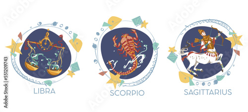 Astrological symbols on white background - Libra, Scorpio, Sagittarius
