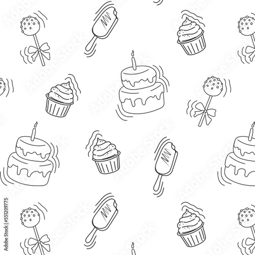 doodle pattern, background with sweets, for cafes, coffee shops, bakeries in black and white