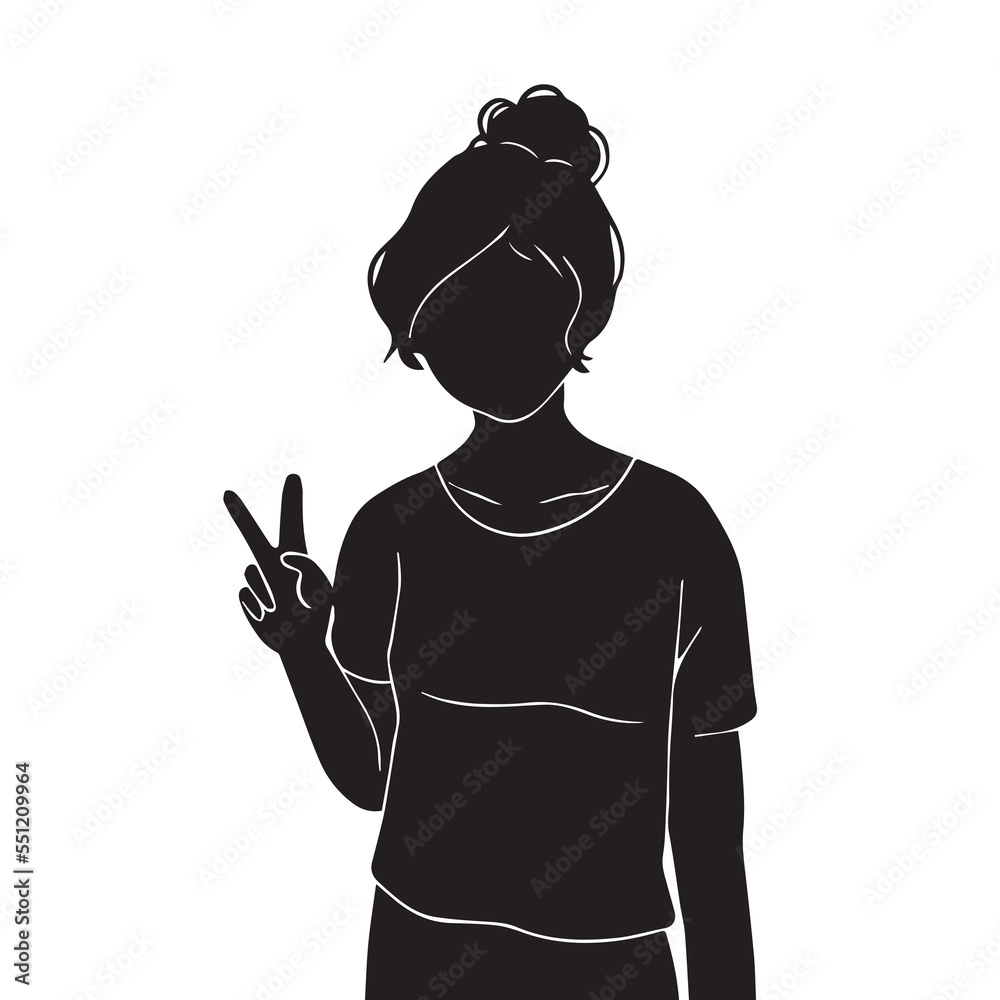 Young teen girl portrait half body standing pose with hand peace sign. Vector icon silhouette isolated on white background. Selfie pose pictogram. Young teen girl portrait half body standing pose with hand peace sign. Vector icon silhouette isolated on white background. Selfie pose pictogram.