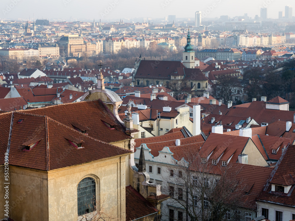 Scenic view of Mala Strana neighborhood and the Old Town from the hill of Prague Castle in winter - Prague, Czech Republic