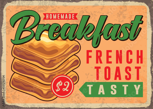 Breakfast menu french toast rusty metal plate retro promo poster vector template