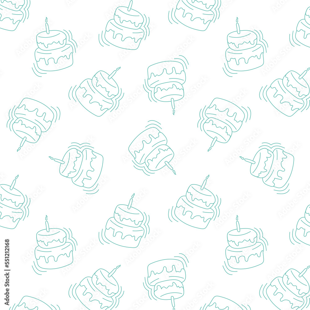 doodle drawing, background with cakes, for cafes, cafes, bakeries, holidays on a white background with turquoise lines