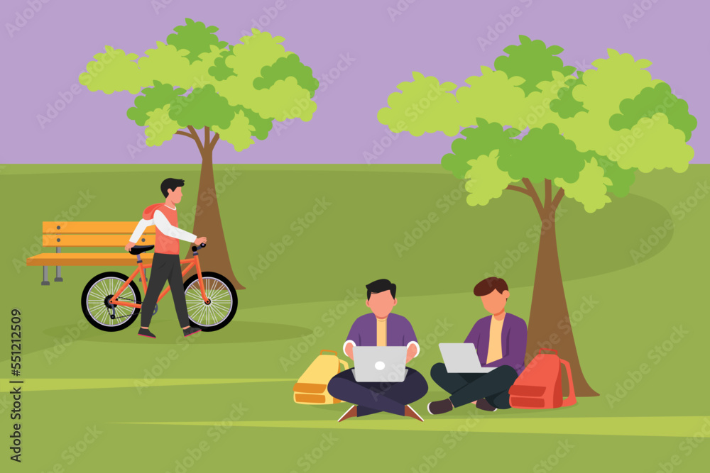 Cartoon flat style drawing young businessman using laptop and sitting on grass at park. Team freelancer working or studying together. Man walking with his bicycle. Graphic design vector illustration