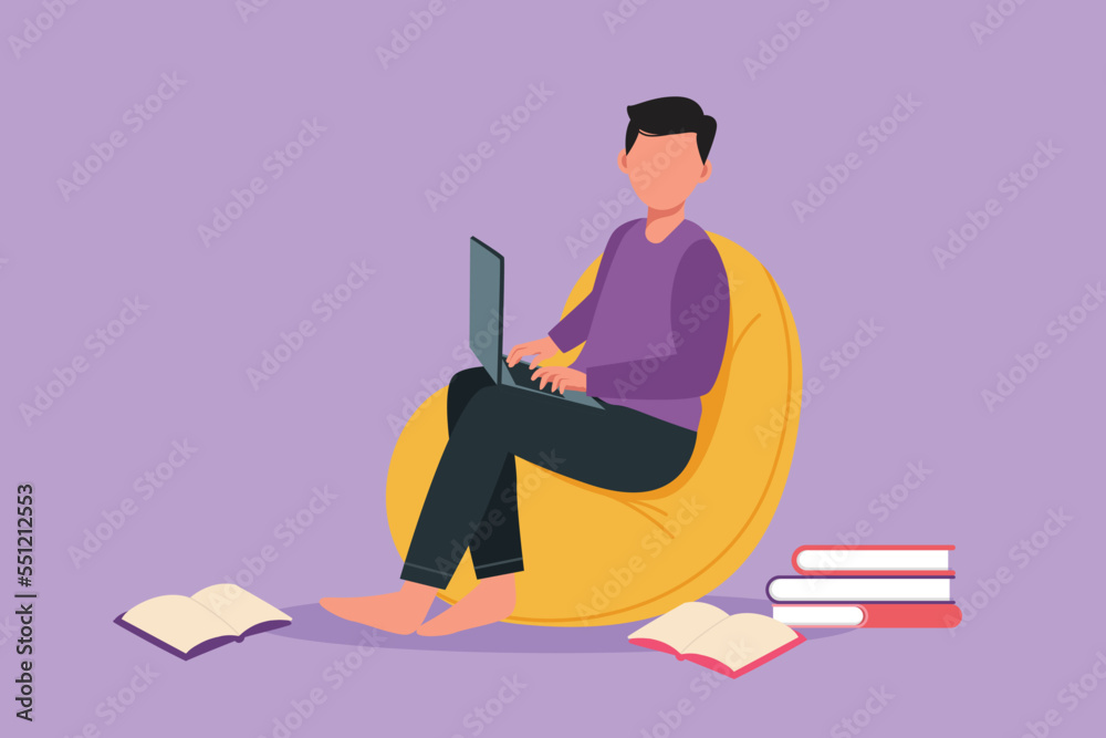 Graphic flat design drawing businessman or designer or programmer or freelancer sitting on comfy couch while typing on laptop. Remote worker. Student at online education. Cartoon vector illustration