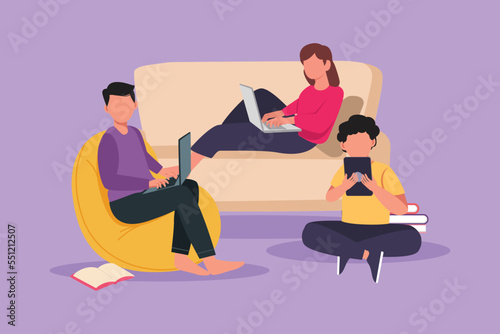 Graphic flat design drawing young man woman using laptop and smartphone or tablet obsessed with devices gadgets, people internet technology addiction at home or room. Cartoon style vector illustration