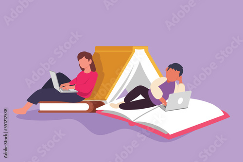 Cartoon flat style drawing smart couple with laptop computer leaning on pile of book together. Freelance, distance learning, online courses. Man and woman studying. Graphic design vector illustration