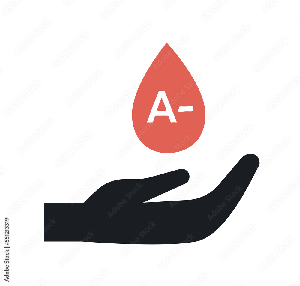 Blood Rhd Pos Icon Medical icon. Sticker with hand and drop of blood. First blood group ...
