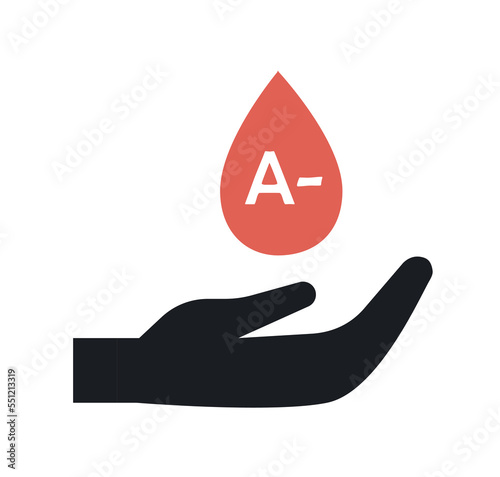 Medical icon. Sticker with hand and drop of blood. First blood group and negative Rh factor. Universal recipient. Design element for web. Cartoon flat vector illustration isolated on white background