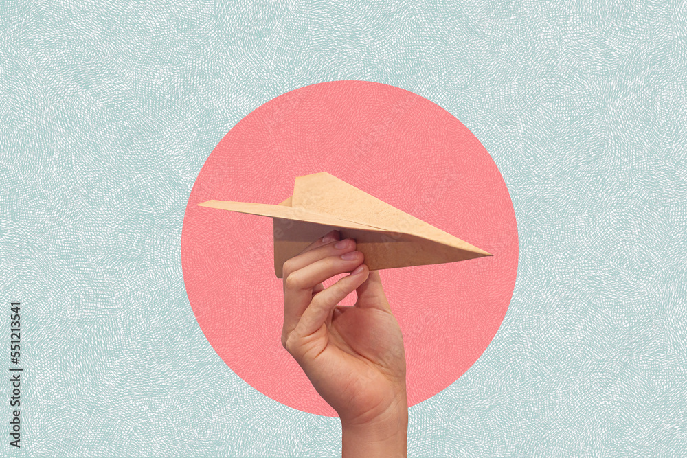 Hand holding a paper plane on a circle background. Ideas for travel. Art collage. - obrazy, fototapety, plakaty 