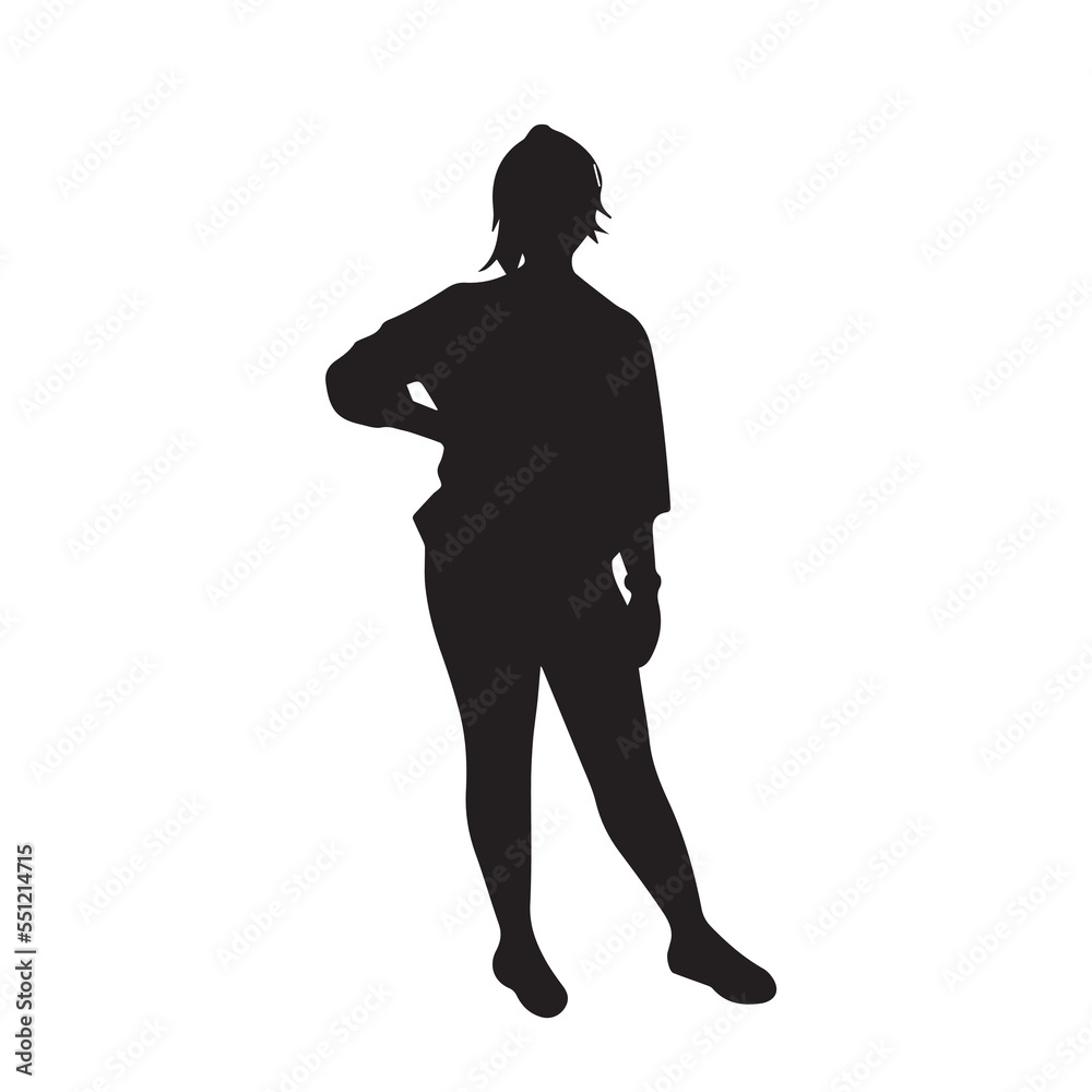 Obraz premium Girl with standing pose vector icon silhouette. Teen women with ponytail hair style with model pose or tired of waiting pose with one arm on the side of the stomach. Simple drawing isolated on white.