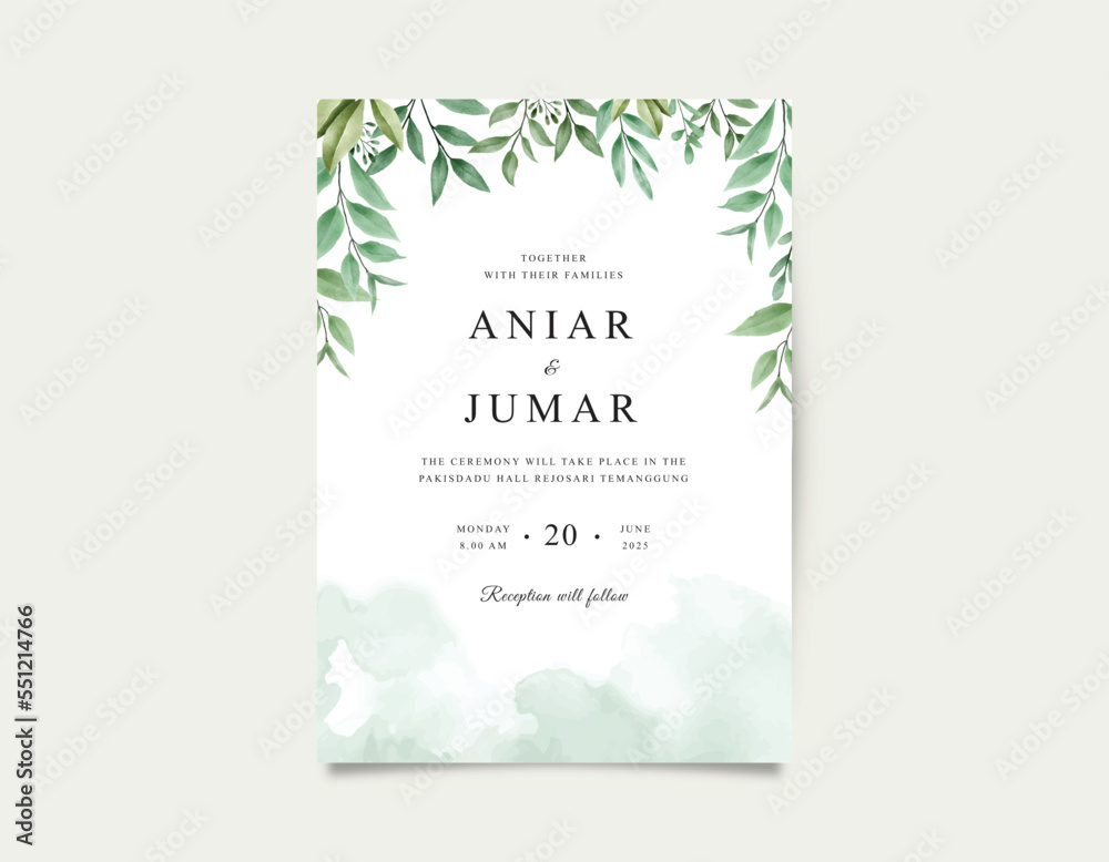 Minimalist wedding card with watercolor green leaves