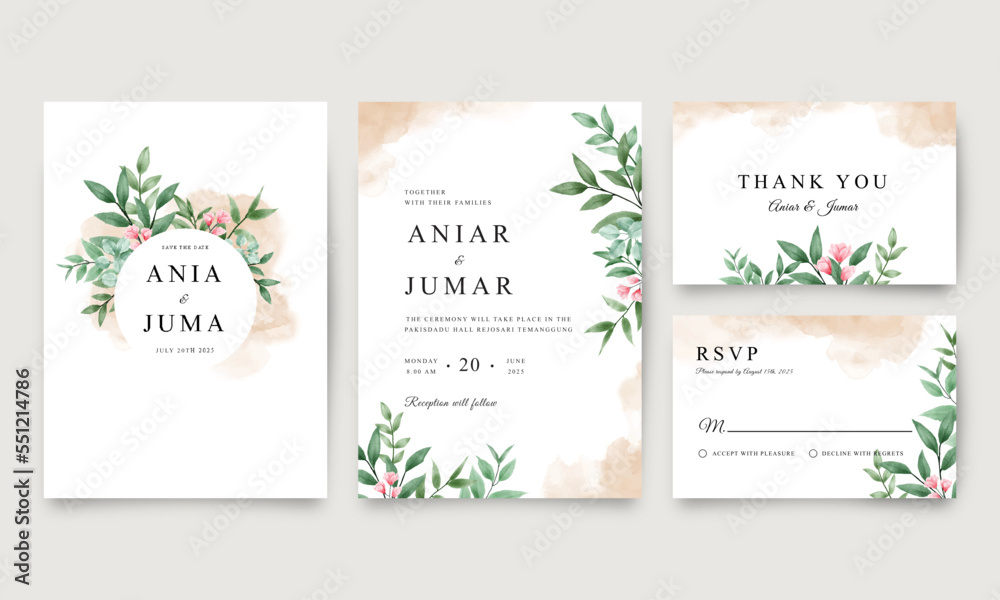 Set of wedding invitation cards with beautiful watercolor floral