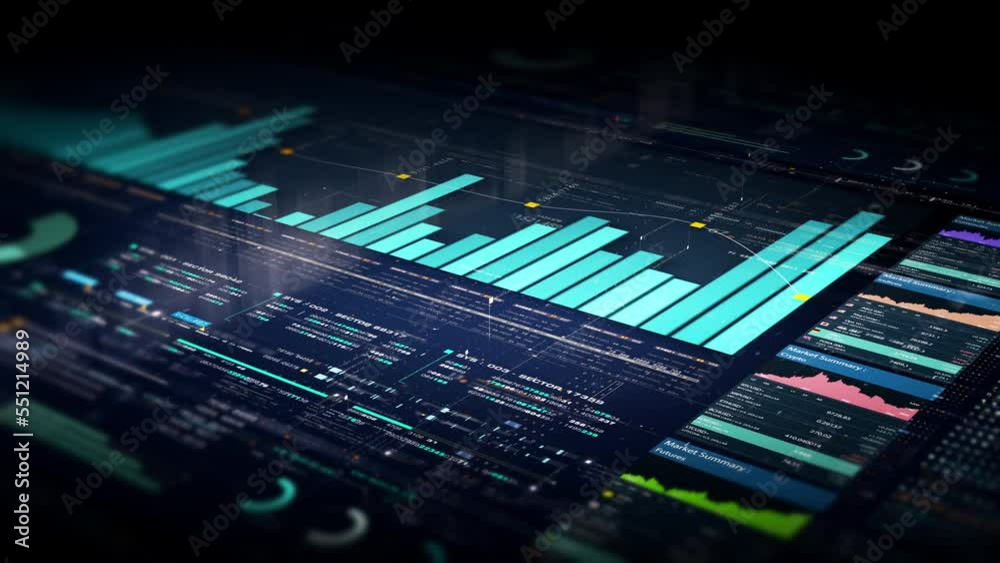 Business stock market, trading, info graphic with animated graphs, charts and data numbers insight analysis to be shown on monitor display screen for business meeting mock up theme