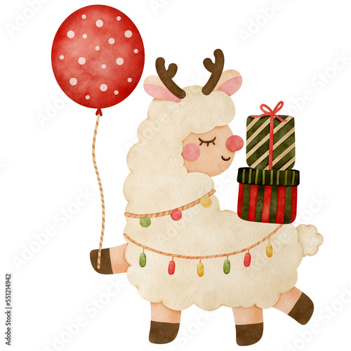 Cute cartoon llama with Christmas gift and red balloon for happy new year card decorations watercolor illustration 