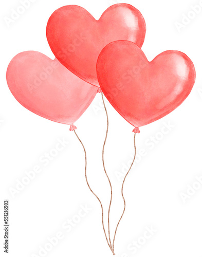 cute sweet Hearts balloons watercolour hand drawing