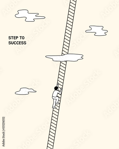 Man climbing up ladders that go high up in the sky. Challenge to climb up success ladder, Unknown journey ahead, Step to new career opportunity. Modern Flat vector illustration. Hand drawn style.