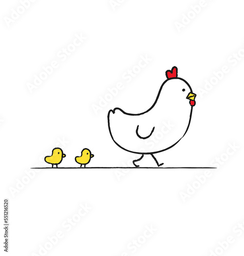 Chicks, and rooster cartoon. Chicken meat production, bird breeding. Poultry farm, animal husbandry. Chicken family on poultry farm chicken birds. Flat vector illustration. Hand drawn style.