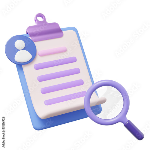 3d CV resume for job search icon on transparent. Interview document on clipboard, magnifying glass. Personal profile icon for worker HR search, human resources concept. Cartoon smooth. 3d rendering.