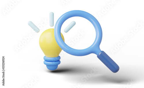 3D Creative idea icon. Yellow light bulb with bright halo, magnifying glass isolated on transparent. Business solution, Strategic thinking, New innovation concept. Cartoon icon minimal. 3d rendering.