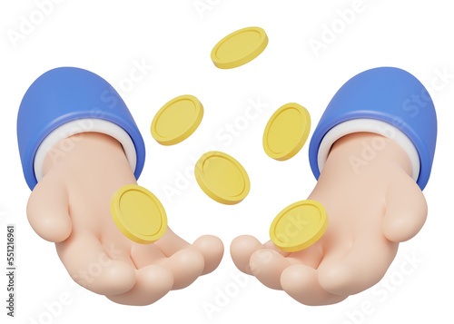 3D Gold coin float in hand isolated on transparent. Business man hold money icon. Mobile banking service, cashback, refund, loan concept. Saving money wealth. Cartoon icon smooth. 3d rendering.