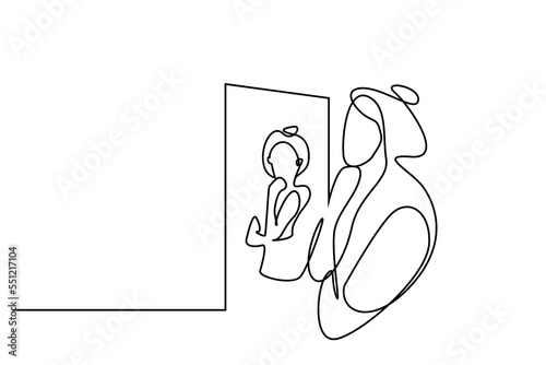 young woman mirror reflection herself thoughtful beauty line drawing