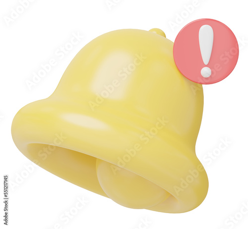 3D Notification warning bell icon. Bell alert with exclamation mark on red label for social media reminder floating on on transparent. Cartoon icon minimal smooth. 3d rendering.