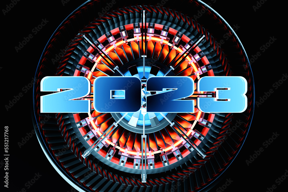 3d illustration Futuristic tech postcard with the year 2023 on the background of a metallic spaceship or robot detail. Abstract graphics in the style of computer games. 3d illustration Futuristic tech postcard with the year 2023 on the background of a metallic spaceship or robot detail. Abstract graphics in the style of computer games.