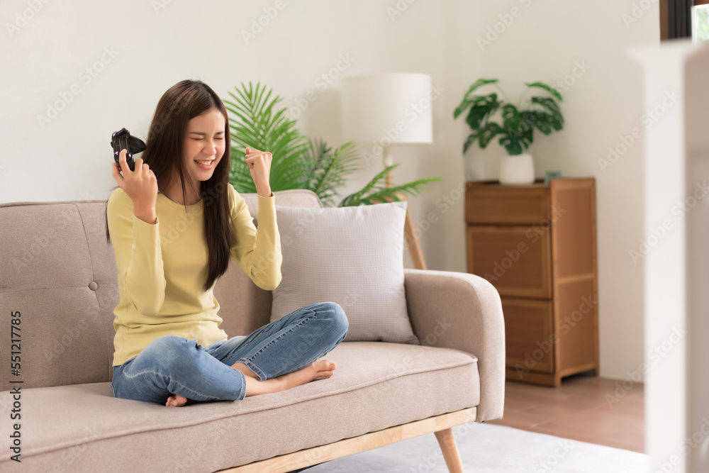 Leisure activities concept, Young woman hold joystick and raise arm after winning in playing games