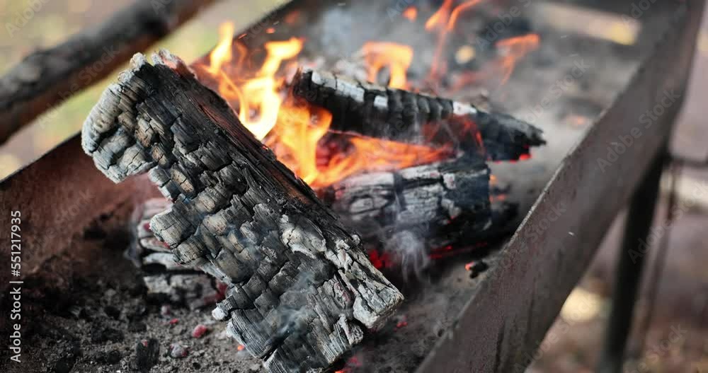 Firewood is burned in brazier to get coals for cooking meat Firewood is burned in brazier to get coals for cooking meat
