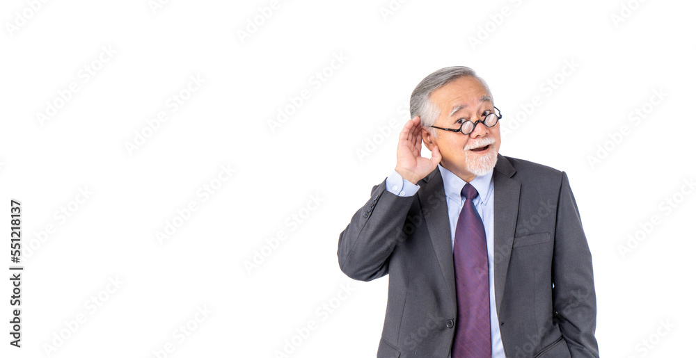 Senior man in a suit adjusting his glasses and leaning his hand to his ear, appearing curious or trying to hear better, isolated on a white background Senior man in a suit adjusting his glasses and leaning his hand to his ear, appearing curious or trying to hear better, isolated on a white background