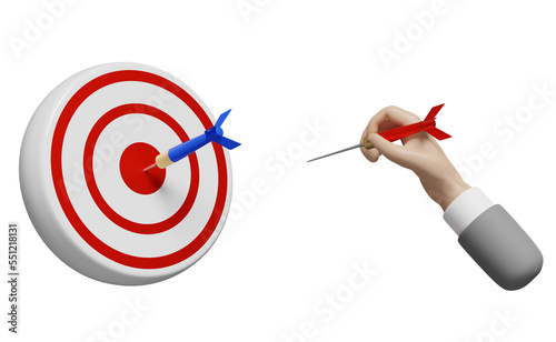 red target with businessman hands holding darts or arrow isolated. business goal concept, 3d illustration or 3d render