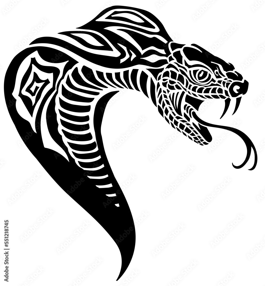 cobra poisonous snake in a defensive position. Head. Attacking posture. Silhouette. Black and white tattoo style vector illustration cobra poisonous snake in a defensive position. Head. Attacking posture. Silhouette. Black and white tattoo style vector illustration