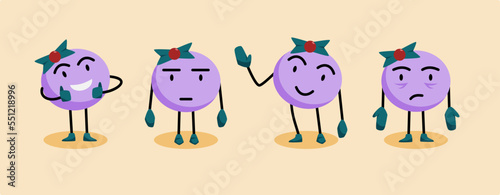 Pack of purple round mascot with cute bow on head. cartoon style mascot waving hand, thumbs up, disappointed, angry expressions. Suitable for brand identity, branding, marketing, promotion strategy
